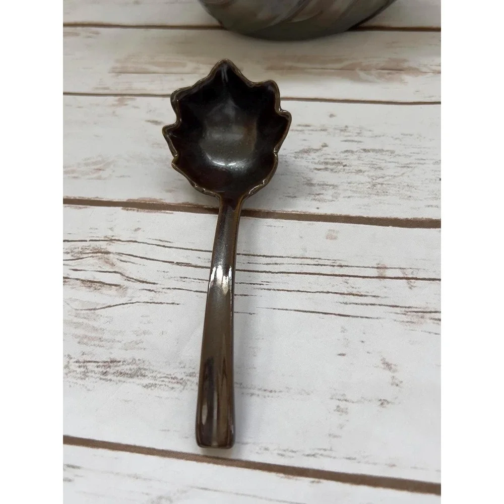 Pottery Barn Gravy Boat‎ with Ladle Bronze Leaf Design Metallic Glaze OS